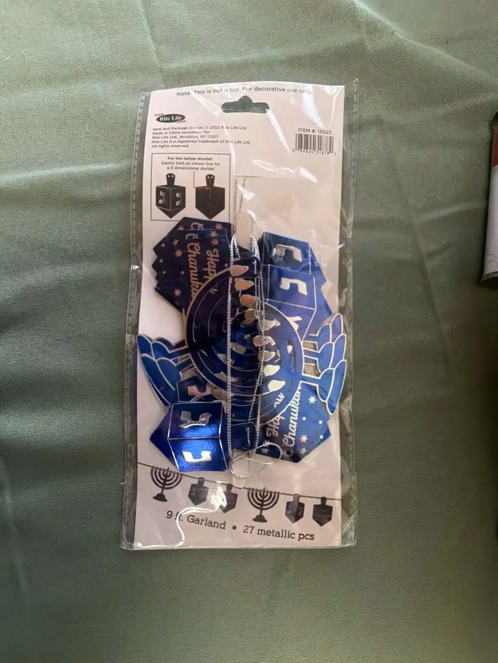 Rite Lite Chanukah Décor Garland 9 ft. with Metallic Dreidel and Menorah Accents